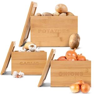 LandHome Onion and Potato Storage Bamboo Vegetable Bins (3 Pcs) Stackable, Engraved Garlic Container for Pantry or Counter Easy Storage Farmhouse Canisters Sets for Kitchen, Great Kitchen Accessories