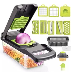 5 Blade Herb Scissors + Vegetable Chopper, 15 in 1 Multifunctional 2022 Design, Mandoline Kitchen Slicer Dicer Grater Cutter Peeler for Fruits Spices Herbs, w/Safety and Cleaning tools (Grey Green)