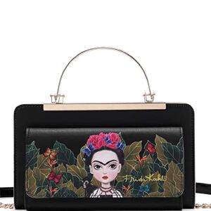 Authentic Frida Kahlo Print Wallet Handle Purse Crossbody Bag (Baby Frida Cartoon Series – Black)