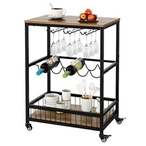 HITHOS Industrial Bar Carts for The Home, Mobile Bar Serving Cart, Wine Cart on Wheels, Beverage Cart with Wine Rack and Glass Holder, Rolling Drink Trolley for Living Room, Kitchen, Rustic Brown