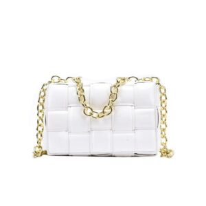 Woven Padded Cassette- Crossbody Handbag Purse for Women, Small Shoulder Bag With Chain (White)