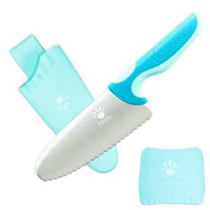 Kibbidea Kids Knife for Real Cooking, Safe Knife for Toddler Children, Stainless Steel Kids Chef Knife with Finger Guard, Round Tip, Serrated Edges (Blue)