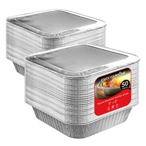 Stock Your Home 8” Square Foil Pans with Lids (50 Pack) – Foil Cake Pans with Lids – Aluminum Foil Baking Pans – Disposable Cake Pans – 8 Inch Square Pans – Disposable & Recyclable Pans with Lids