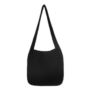 Ovida Crochet Tote Bag Knitted Shoulder Bag Cute Aesthetic Tote Handbag Large Shopping Bag Hand Woven Hobo Bag(02A Black)
