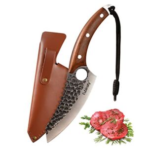 Fubinaty Chef Knife 6 Inch Handmade Forged Boning Knife High Carbon Steel Meat Cleaver Full Tang Rosewood Handle Kitchen Cooking Knives with Real Leather Sheath for Home, BBQ, Camping, Hunting