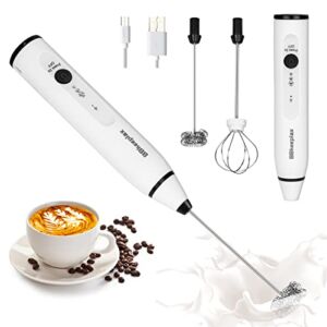 Hand Frother, USB-Rechargeable Milk Frother Handheld with 2 Stainless Whisks, 3-Speed Adjustable Electric Coffee Mixer for Cappuccinos, Hot Chocolate, Milkshakes, Egg Mix (White)