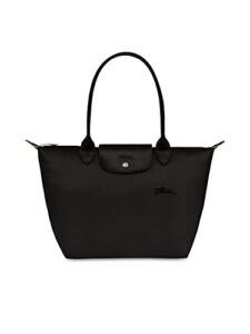 Longchamp Womens Le Pliage Green Shoulder Leather Trim Tote Handbag Black Large
