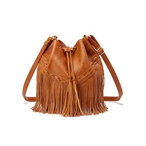 Leather Bucket Bags for Women Crossbody Purses with Drawstring Ladies Tassel Hobo and Shoulder Handbags Brown
