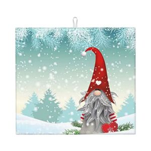 Christmas Gnome Dish Drying Mat 18×16 Inches for Countertops, Red Heart Snowflake Dish Drainer Protector Pad with Hanging Loop for Home Kitchen