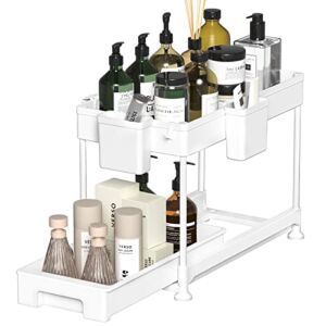 SPACELEAD Under Sink Organizers and Storage, Under Sliding Cabinet Basket Organizer, 2 Tier Under Sink Storage for Bathroom Kitchen with Hooks, Hanging Cup, The Bottom Can Be Pulled Out White
