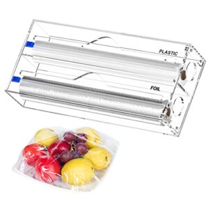 NPPLUS 2 in 1 Wrap Dispenser, Acrylic Foil Dispenser with Slide Cutter and Labels, Plastic Wrap, Aluminum Foil and Wax Paper Organizer Holder for Kitchen Drawer, Fits 12″ Roll, Clear