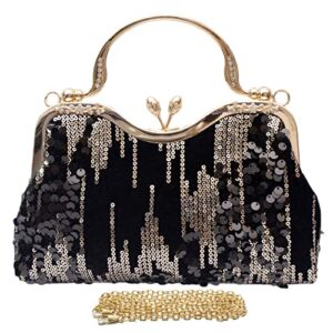 Gionforsy 1920s Flapper Handbag Evening Clutch Bag for Wedding Cocktail Dance Party Roaring 20s Gastby Beaded Bag (Black Gold)