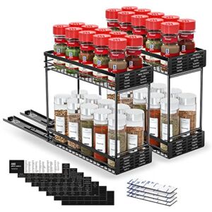 Xpatee [2 Pack] Pull Out Spice Rack Organizer for Cabinet with 480 Labels, 2-Tier Heavy Duty Slide Out Seasoning Organizer for Kitchen Cabinets , Sliding Kitchen Cabinet Organizer 4.6″ W x10.3 D x9 H