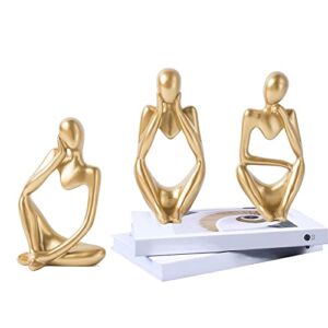 3 Pcs Gold Thinker Statue Sculpture Home Decor, Resin Abstract Art Golden Figurines, Mini Boho Tiny Accents for Modern Living Room Office Book Shelf Coffee Table Decoration Set of 3