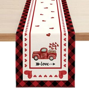 Sambosk Buffalo Plaid Valentines Day Table Runner, Red Truck with Love Heart Table Runners for Kitchen Dining Coffee or Anniversary Wedding Indoor and Outdoor Home Parties Decor 13 x 72 Inches SK052