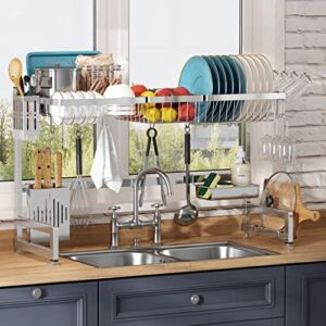 Over The Sink Dish Drying Rack, 2-Tier Adjustable Length(33.5-36.2in) Dish Rack Sink Shelf, Expandable Large Stainless Steel Dish Drainer for Kitchen Counter Organizer Space Saver with 8 Hooks, Sliver