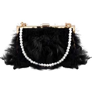 Amylove Evening Purse with Pearl Strap Chain and Gold Chain Faux Fur Purse Fake Feather Clutch Fluffy Purse Women’s Evening Handbags (Black)