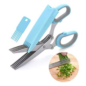 Herb Scissors Set, Multipurpose Herb Scissors with 5 blades and Cover, Stainless Steel Herb Cutter/Mincer for Salad, Basil, Parsley, Cilantro – Kitchen Gadget (Blue)