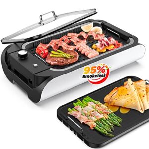 Indoor Smokeless Grill, Electric BBQ Searing Griddle with Tempered Glass Lid Portable Nonstick Removable Plates, Adjustable Temperature, Detachable Drip Tray, Dishwasher Safe, 3200 RMP Extractor