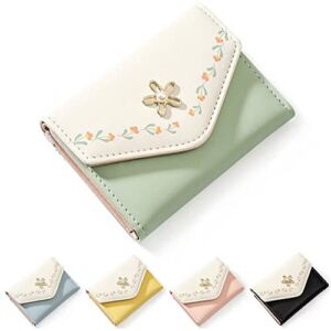 kuifang Girls Cute flowers Print Wallet, Small Tri-folded Aesthetic Wallet, PU Leather Purse Cash Pocket Card Holder ID Window Purse for Women(Green)