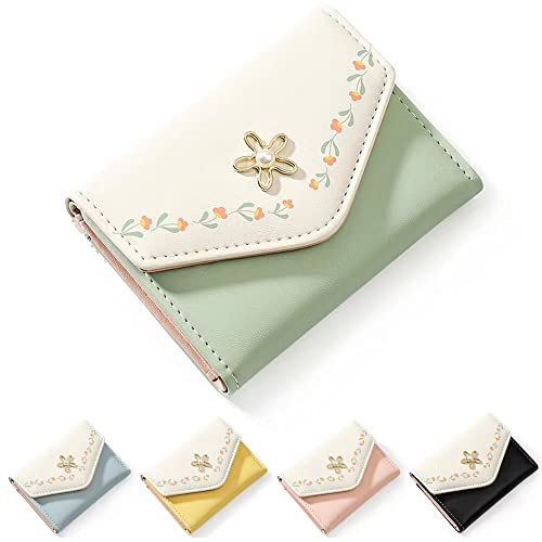 kuifang Girls Cute flowers Print Wallet, Small Tri-folded Aesthetic Wallet, PU Leather Purse Cash Pocket Card Holder ID Window Purse for Women(Green) | The Storepaperoomates Retail Market - Fast Affordable Shopping