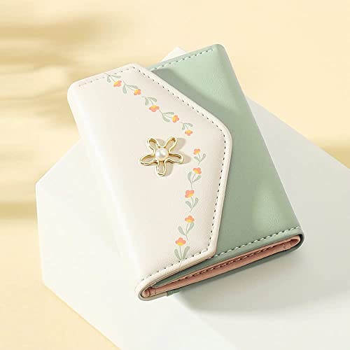 kuifang Girls Cute flowers Print Wallet, Small Tri-folded Aesthetic Wallet, PU Leather Purse Cash Pocket Card Holder ID Window Purse for Women(Green) | The Storepaperoomates Retail Market - Fast Affordable Shopping