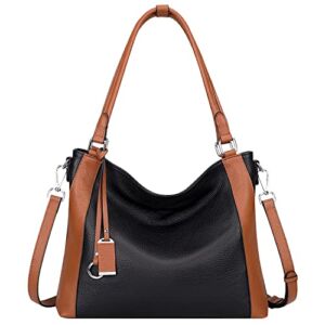 Over Earth Soft Leather Handbags for Women Shoulder Hobo Bag Large Tote Crossbody Bag (O103E Black/Brown)