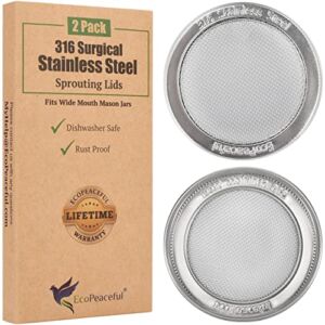 2 Pack Mason Jar Sprouting Lids – 316 Surgical Stainless Steel Sprouting Lids for Wide Mouth Mason Jars – Screen Mesh Strainer, Sprouter Kit for Alfalfa & Broccoli Seeds – Rust-Proof, Dishwasher Safe