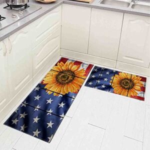 Kitchen Rugs and Mats Non Skid Washable，Vintage Sunflower USA,Anti-Fatigue Floor Mat Set of 2 (60″X17″+ 30″X17″)