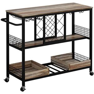 IRONCK Wine Rack Table, Industrial Bar Cart on Wheels Kitchen Storage Cart for The Home Wood and Metal Frame, Rustic Brown