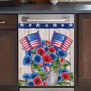 WOWFEEL American Flag Morning Glory Dishwasher Magnet Cover Sticker, USA Farmhouse Burlap Decor, Flower Home Cabinet Decals Appliances Stickers, Magnetic 23″ x 26″