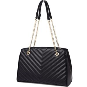 FOXLOVER Leather Quilted Purse for Women, Ladies Medium Shoulder Bag Designer Tote Purse Handbag with Chain Strap (Black)