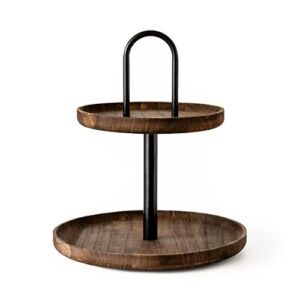 STAKK Two Tiered Tray Stand – Modern Farmhouse Decor, Rustic Home Decor & Kitchen Decor – Black Metal & Brown Wood, 2 Tier Tray