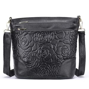 Aslana Floral-Embossed Genuine Leather Shoulder Crossbody Bag Handbag for Women (Floral-Embossed Black)