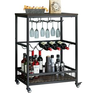 HITHOS Industrial Bar Carts for The Home, Mobile Bar Serving Cart, Wine Cart on Wheels, Beverage Cart with Wine Rack and Glass Holder, Rolling Drink Trolley for Living Room, Kitchen, Dark Brown