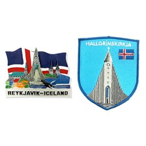 A-ONE Hallgrímskirkja Church Reykjavik Iceland 3D Kitchen Fridge Magnet 1PC+Church of Iceland Shield Holiday Military Patch 1PC, Country Fridge Magnet, Bag Patch for Denim Jacket Home Decor C108+256
