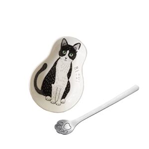 KiaoTime Coffee Spoon Rests and Spoon – Ceramic Cute Cat Spoon Rest Teaspoon Holder Coffee Station Decor Coffee bar Coffee Stirrers Holder for Home Kitchen Accessories