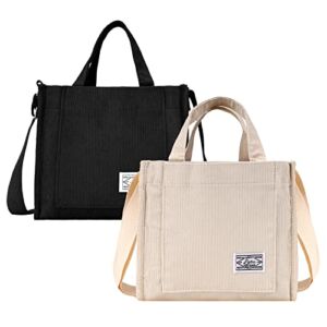 ZKFLLO 2 Pack Corduroy Shoulder Bag for Women Tote Bag Handbag Bag Mini Crossbody Bag For Work Travel School (Black+beige)