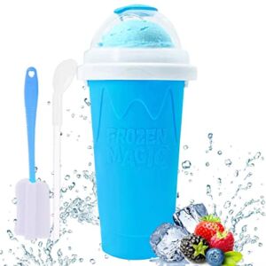 Slushy Maker Cup – Tik Tok Magic Quick Smoothie Cup, Homemade Slush and Shake Maker, Double Layer Silica Pinch Cup with Spoon & Cleaning Brush for Ice Cream Maker, Milkshake, Summer – Blue