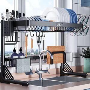 VNKZI Over Sink Dish Drying Rack, 2 Tier Full Stainless Steel Storage Adjustable Length (25.98”~36.61”) Kitchen Rack, Multifunctional Expandable Counter Organizer Shelf, Space Saver Dish Rack