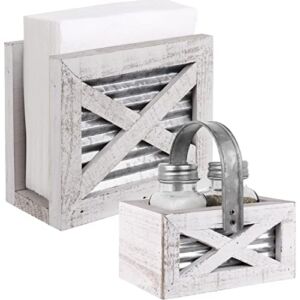 Autumn Alley Farmhouse Napkin Holder and Farmhouse Salt and Pepper Shakers Set With Wood Holder – Barn Door Motif, Galvanized Metal – Rustic Napkin Holder for Country Farmhouse Kitchen Décor (White)