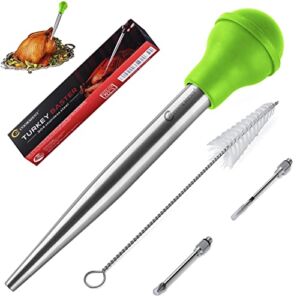 JY COOKMENT Stainless Steel Turkey Baster Baster Syringe for Cooking Meat Injector Set with 2 Marinade Needles 1 Cleaning Brush for Home Baking Kitchen Tool(GREEN)