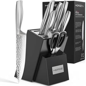 Homaz Knife Set with Block, 8 Pcs Kitchen Knife Set with High Carbon Stainless Steel, Chef Knife Set with Sharpener, Sliver