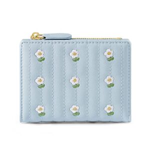 MEISEE Small Wallet for Girls Women Tri-folded Wallet Cash Pocket Card Holder Coin Purse with ID Window elegant youthful and cute- -flowers-blue