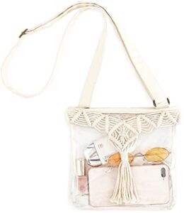 Mkono Clear Bag Stadium Approved, Boho Clear Crossbody Purse Bag with Removable Macrame Tassel PVC Tranparent Messenger Shoulder Bag with Adjustable Strap for Concerts, Travel, Gym