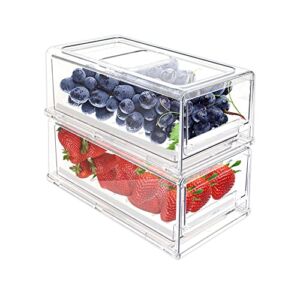 2 Pack Stackable Refrigerator Drawers Pull Out Bins Clear Fridge Drawer Organizer Food Storage Containers Plastic Veggie Fruit Produce Saver for Pantry Kitchen Freezer, 2pack×3.2L