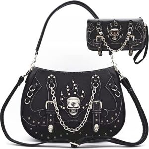 Punk Gothic Skull Chain Concealed Carry Purse Shoulder Bag Crossbody Bag Satchel Women Handbag Wallet Set (Black Set)