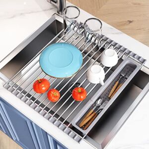 JASIWAY Over Sink Dish Drying Rack for Kitchen, Roll Up Dish Drainer with The Function of Fordable, Expandable, Rust-Proof, Large Sink Cover with Removable Utensil Holder (15.5″- 23.3″)
