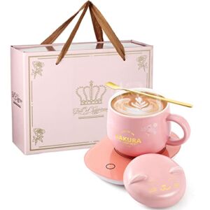 Coffee Cup Warmer Coffee Warmer with Mug for Women Electric Coffee Mug Heater Temperature Control Ceramic Cute Cat Smart Coffee Warmer for Office Desk Home Christmas Birthday Gift(Pink)
