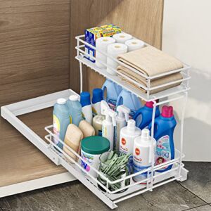 CD HOME Pull Out Cabinet Organizer, 2-Tier Under Sink Slide Out Kitchen Cabinet Storage Shelves with Sliding Storage Basket Drawers, for Bathroom, Kitchen, Office, 13 Inch Cabinet Opening （White）